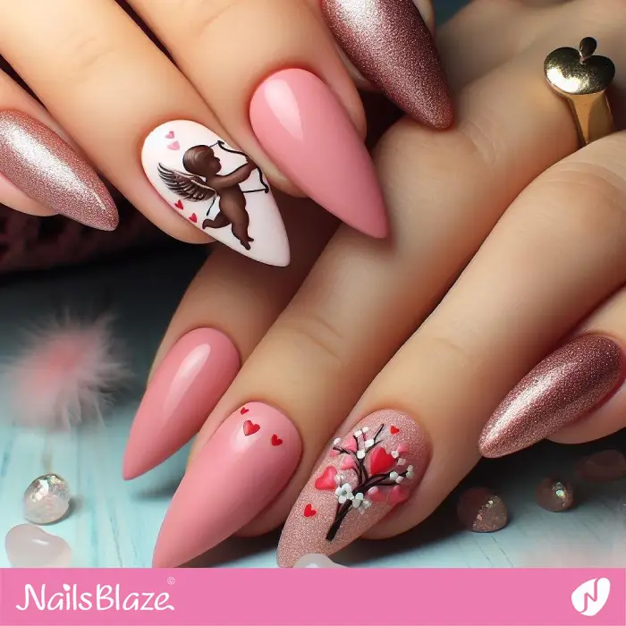 Pink and Glitter Nails with a Cupid Angel | Valentine Nails - NB2377